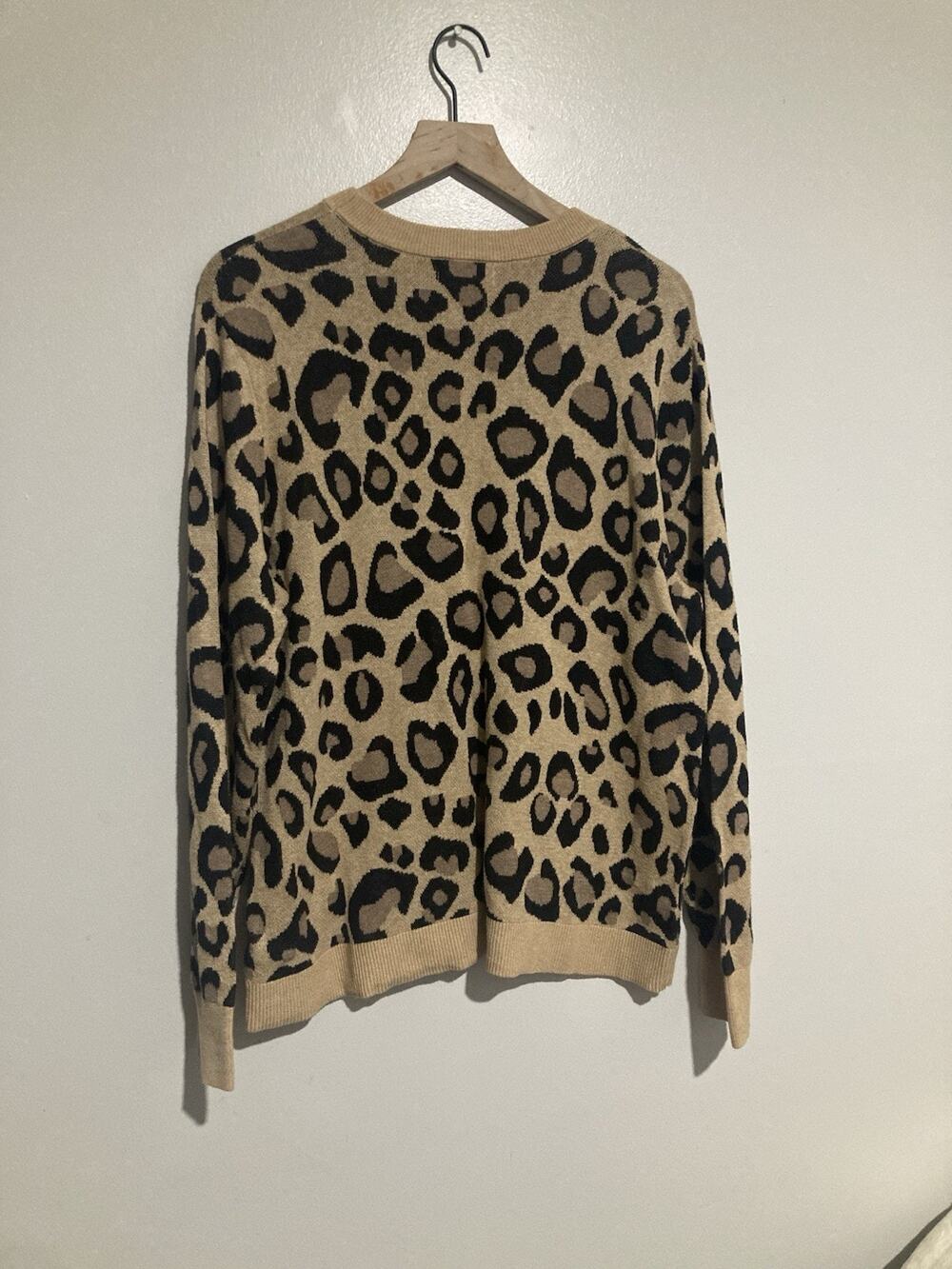 Ava & Viv Sweater Womens 1X Beige Leopard Cotton Tight Knit Ribbed Cheetah Print